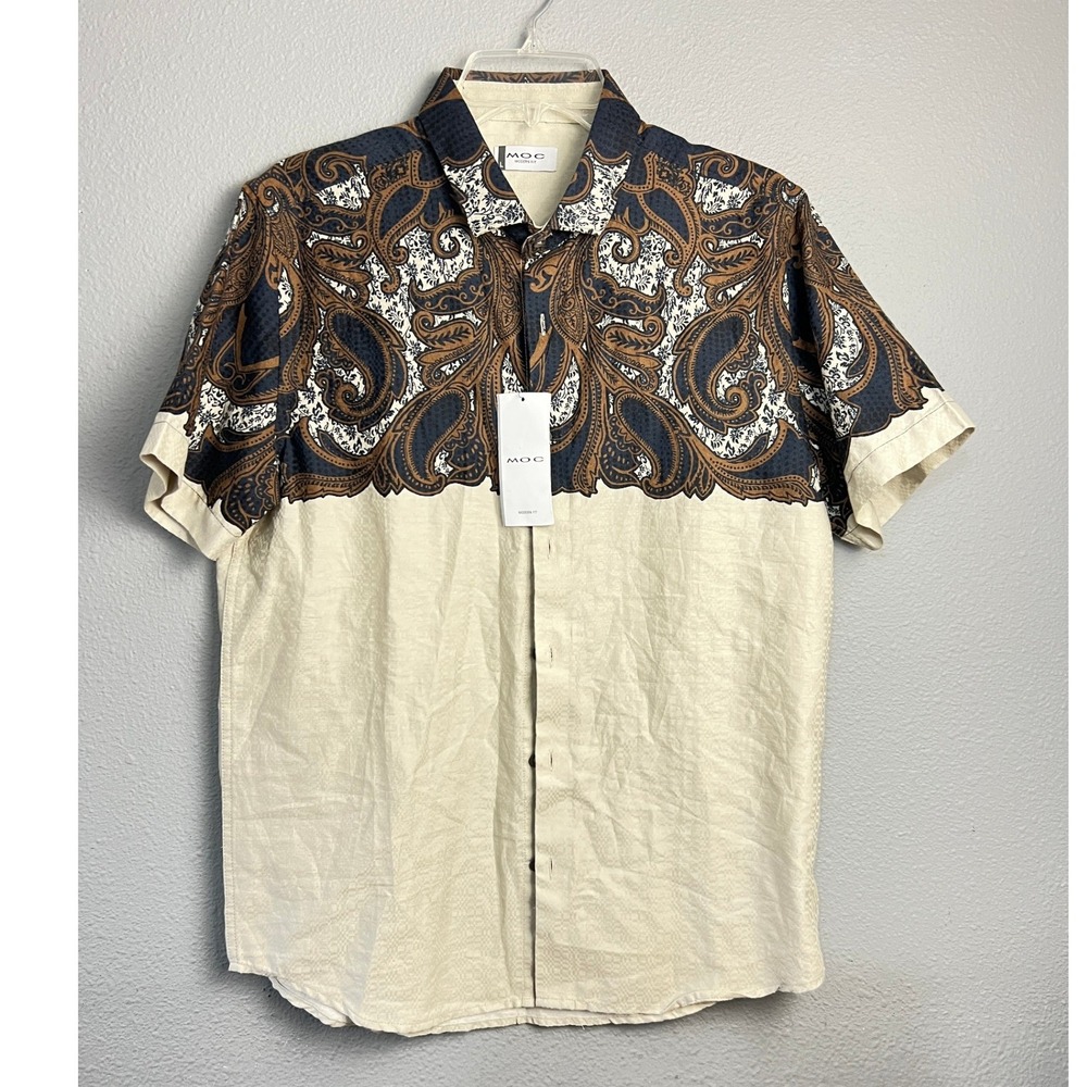 MOC Modern Fit Mens Large Paisley Jacquard Short Sleeve Button Down Shirt Beige
